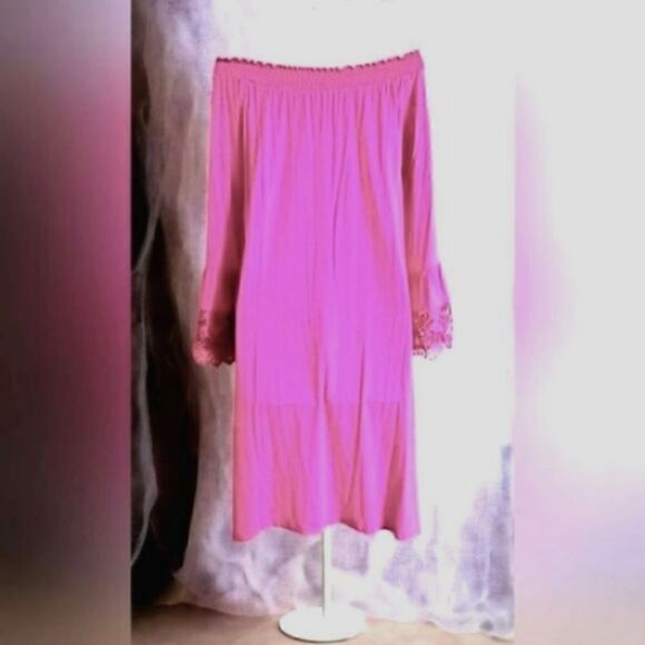 DRESS KATE & MALLORY Off The Shoulder Lace Bell Sleeves & Ruffle MIDI Silky MED - Picture 8 of 9